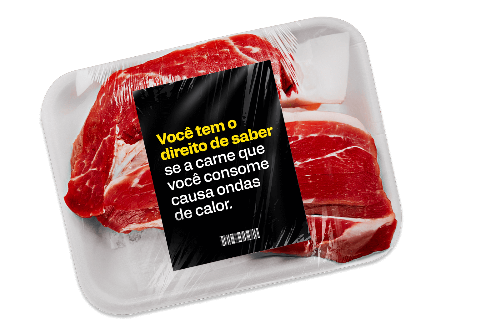 Bandeja de patinho moído embalado com plástico, com uma etiqueta que diz: 'Este é um PATINHO MOÍDO, mas é só isso que você sabe.'
